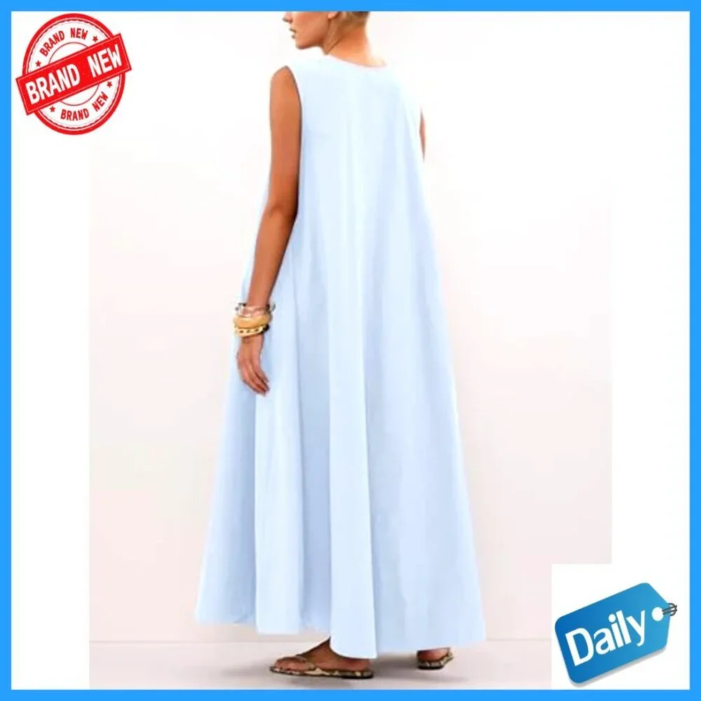 Cotton Maxi Dress Scoop Neck Ruched Side Pockets Swing Sundress - Picture 6 of 6